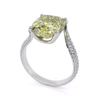 Cushion Cut Yellow Gemstone Engagement Ring with Halo and Pavé Band