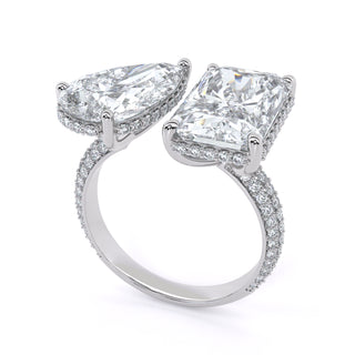 Three-Stone Pear and Emerald Cut Engagement Ring with Pavé Accents